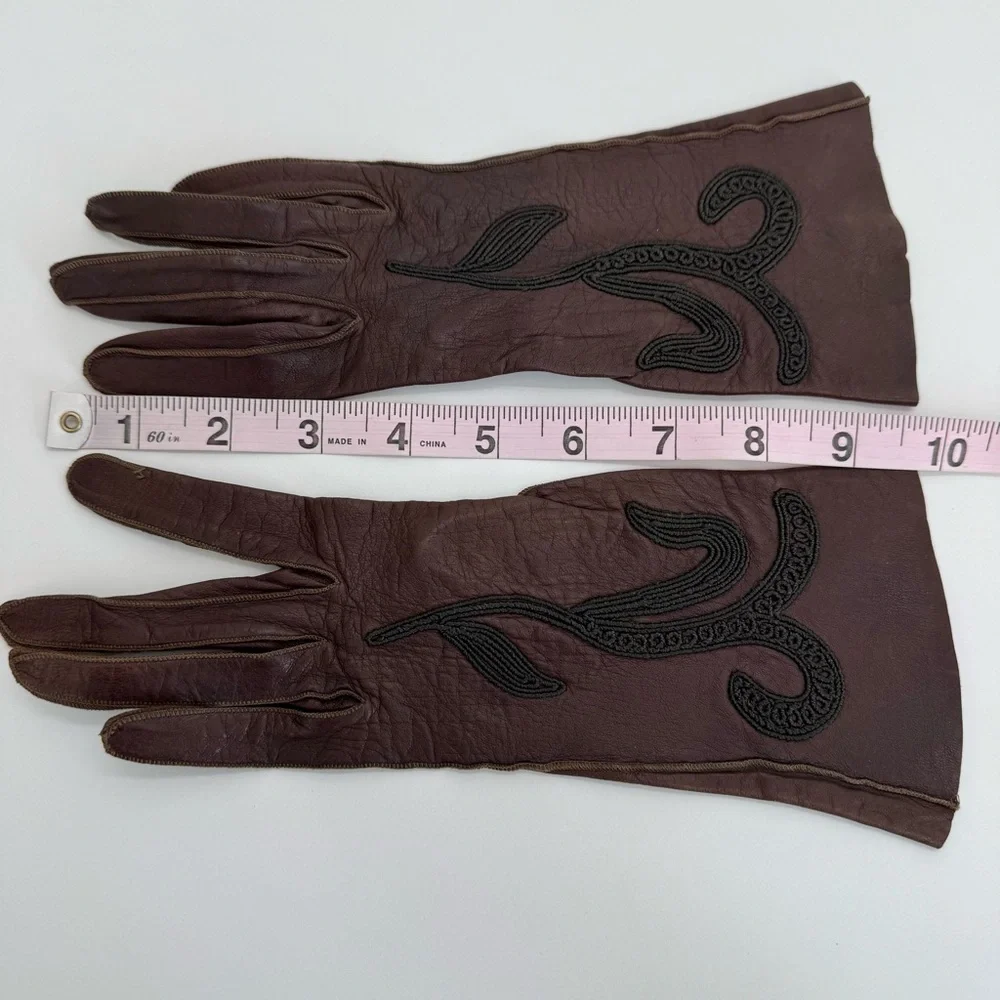 Vintage Embroidered Leather Gloves Women’s Brown